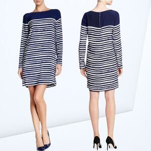 VINCE 100%Silk Shift Dress Marker Stripe Long Sleeve Career Business Casual Blue
